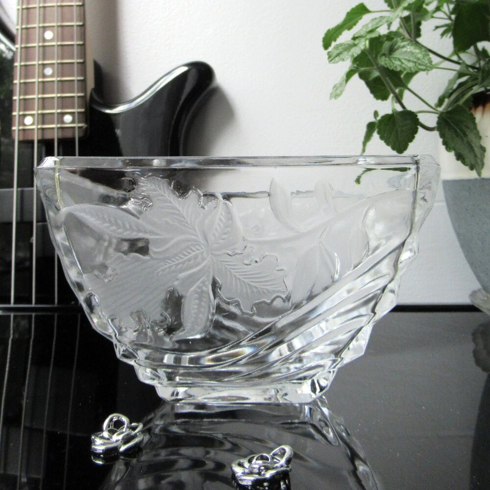 24% Lead Crystal Rectangle Etched Flower Candy Dish Bowl Vase Germany Vintage